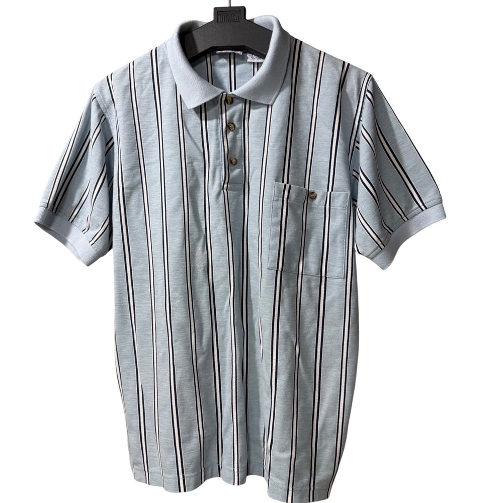 Vintage Haband Casual Joe Mens Med Blue Striped Short Sleeve Polo Shirt Pocket - Picture 2 of 8